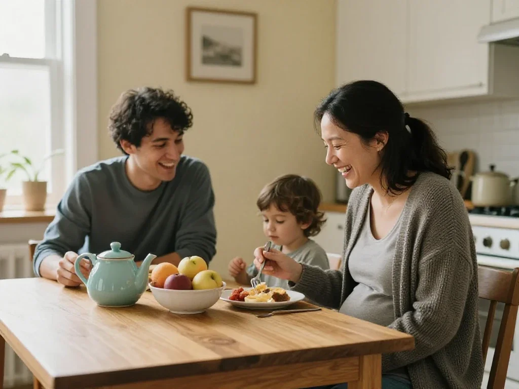 Familia desayunando tranquilamente en una cocina luminosa, reflejando una crianza pausada y hogareña.