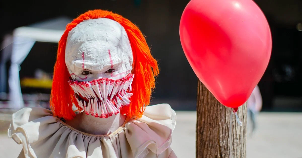 Une personne en costume de clown effrayant avec un ballon rouge à l'extérieur, parfait pour les thèmes d'Halloween.