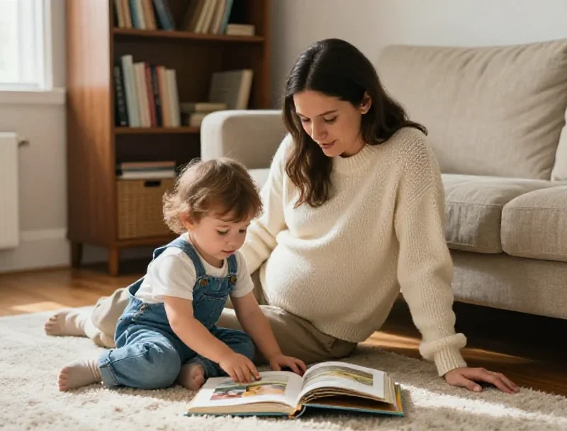 Madre e hijo compartiendo un momento de lectura tranquila en un hogar cálido y sereno.