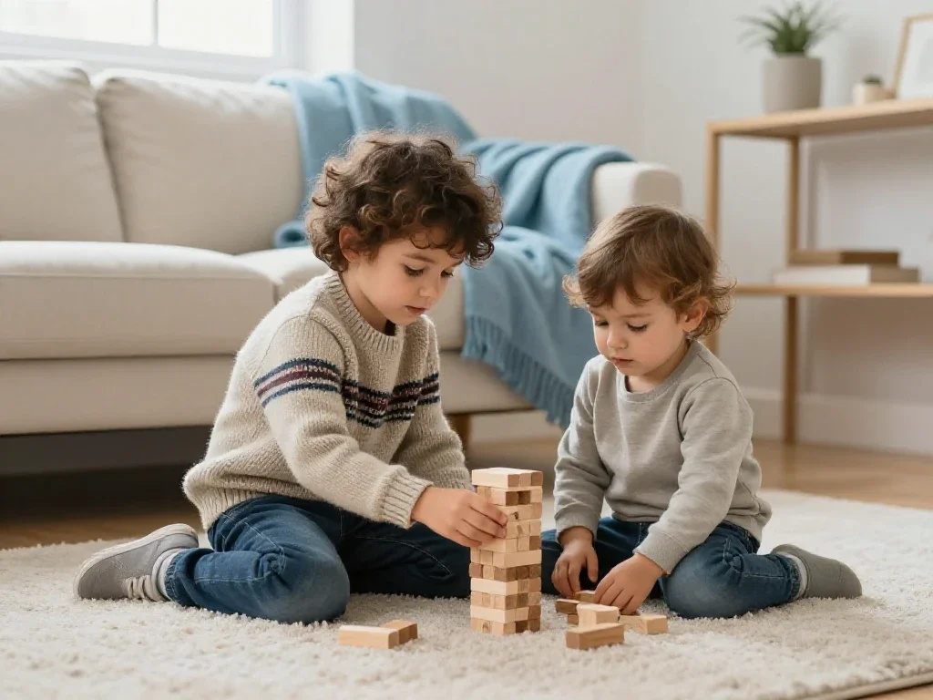 Niños jugando concentrados con bloques de madera, reflejando una crianza pausada y consciente en casa.
