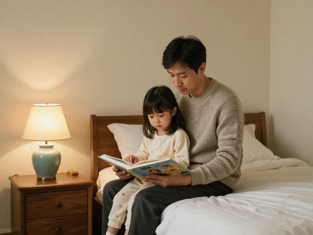 Padre e hija comparten un cuento nocturno en una atmósfera de calma y afecto familiar.