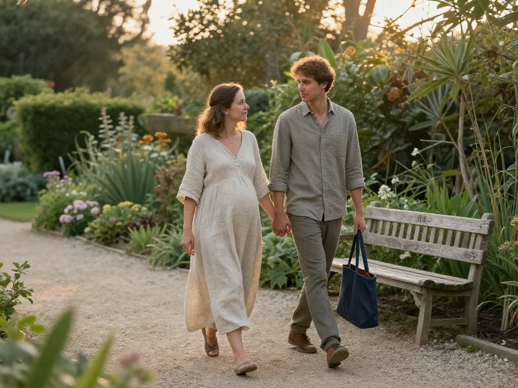 Pareja paseando por un jardín, representando la serenidad del embarazo y la crianza consciente.